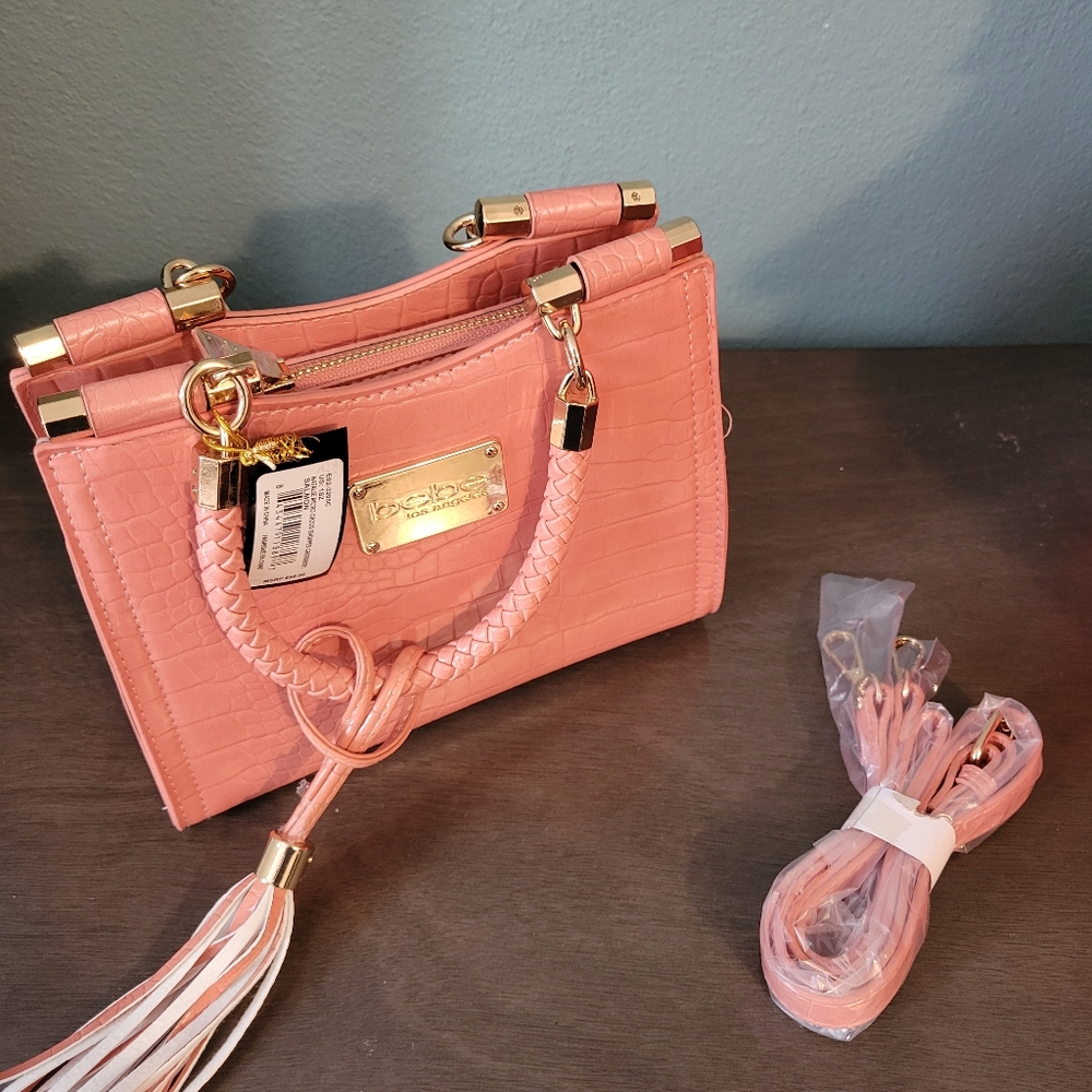 BEBE BAG Natalie Micro CROCO Shopper top handle & Crossbody SALMON with GOLD